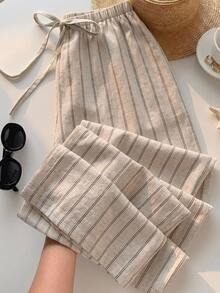 SHEIN EZwear 女款休閒腰綁帶條紋直筒長褲，休閒、夏季、度假穿搭、街頭風、海灘、街頭風格，適合日常通勤、約會、派對、秋冬/夏季、聖誕節、新年、感恩節、派對、婚禮、海灘、畢業典禮，優雅、休閒 - 彩色 - 查看 2