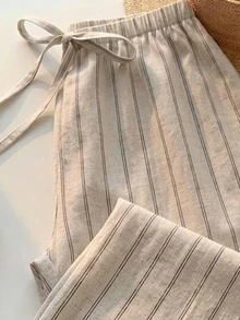 SHEIN EZwear 女款休閒腰綁帶條紋直筒長褲，休閒、夏季、度假穿搭、街頭風、海灘、街頭風格，適合日常通勤、約會、派對、秋冬/夏季、聖誕節、新年、感恩節、派對、婚禮、海灘、畢業典禮，優雅、休閒 - 彩色 - 查看 5