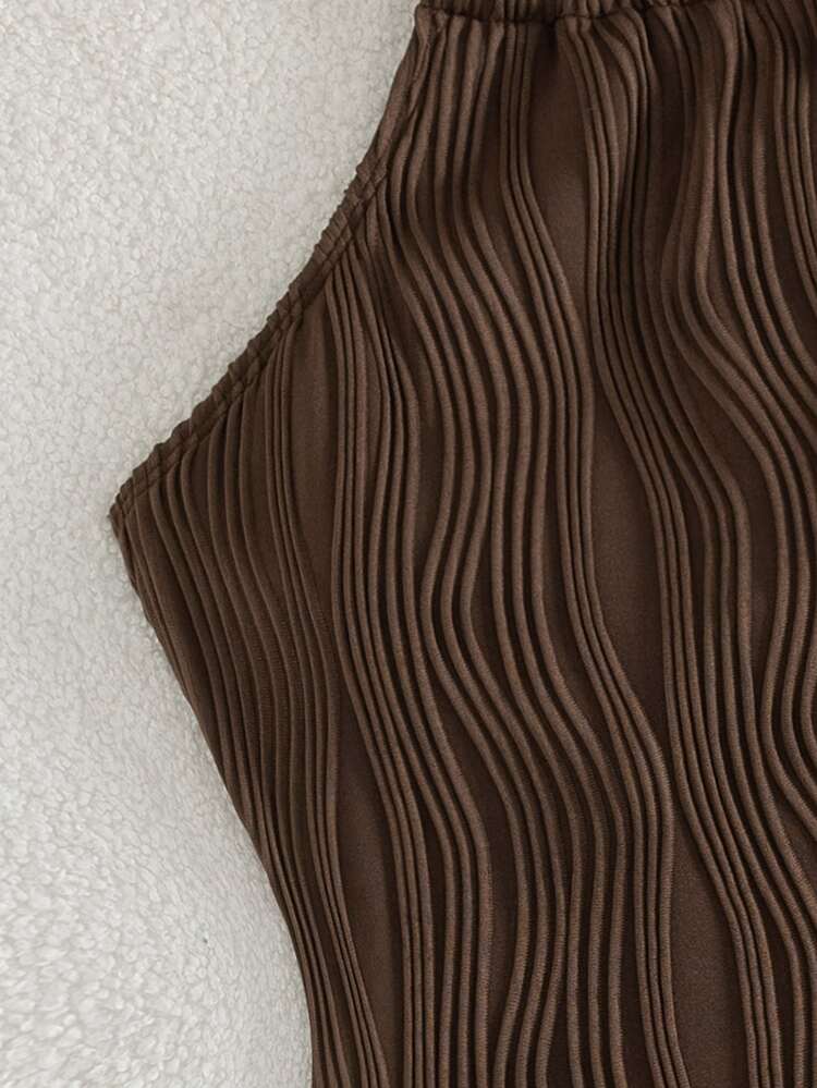 Swim Lushoire Women's Solid Color Textured Fabric Spaghetti Strap Backless Vacation Camisole Bikini Top Beach Party Dark Brown Summer Sexy Tropical - Coffee Brown - View 7