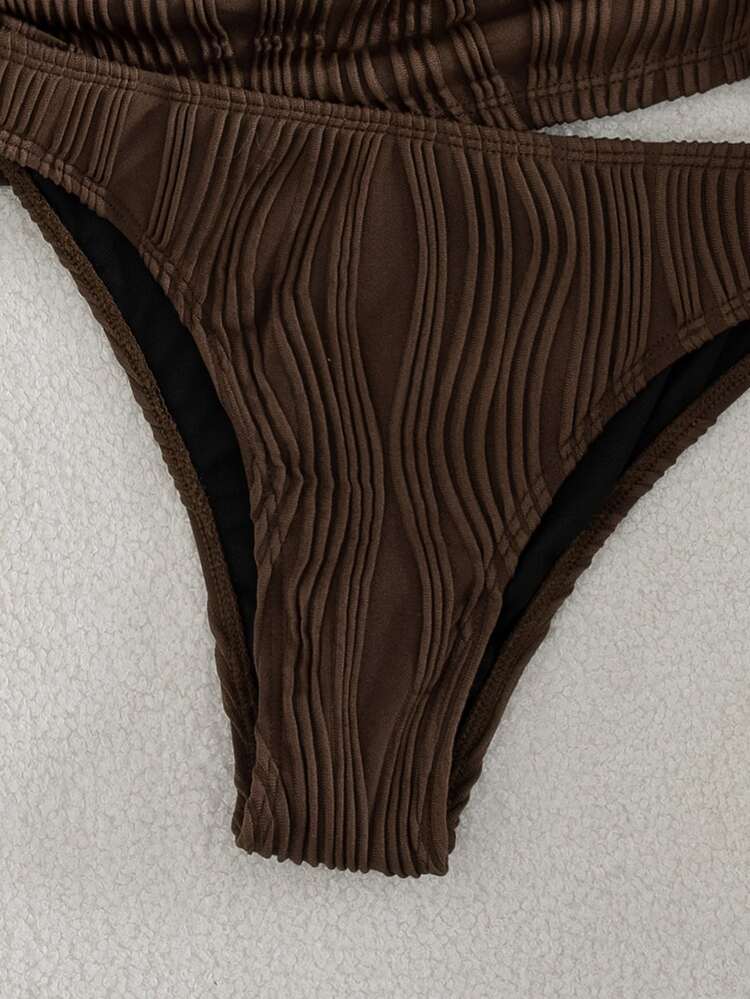 Swim Lushoire Women's Solid Color Textured Fabric Spaghetti Strap Backless Vacation Camisole Bikini Top Beach Party Dark Brown Summer Sexy Tropical - Coffee Brown - View 6