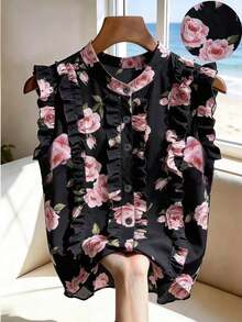 SHEIN Rosurelle Women's Floral Print Ruffle Trim Vacation Blouse Vacation Black And Pink Summer Romantic Elegant - Pink - View 4