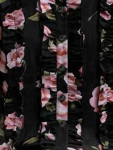 SHEIN Rosurelle Women's Floral Print Ruffle Trim Vacation Blouse Vacation Black And Pink Summer Romantic Elegant - Pink - View 6