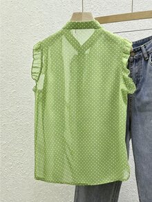 SHEIN Rosurelle Women's Black Polka Dot Chiffon Blouse, Elegant Romantic Ruffle Hem - Olive Green - View 2
