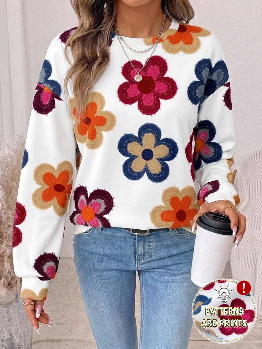 SHEIN LUNE Women's Casual Crew Neck Sweatshirt, Autumn/Winter Clothing, Floral Print - Multicolor - View 1