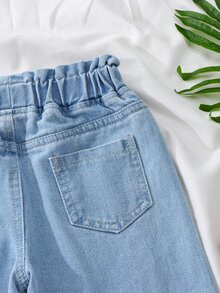SHEIN 女童高街工裝風淺色水洗牛仔長褲，少女彈性高腰大口袋寬腿休閒直筒褲 - 淺色水洗藍 - 查看 4