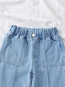 SHEIN 女童高街工裝風淺色水洗牛仔長褲，少女彈性高腰大口袋寬腿休閒直筒褲 - 淺色水洗藍 - 查看 3