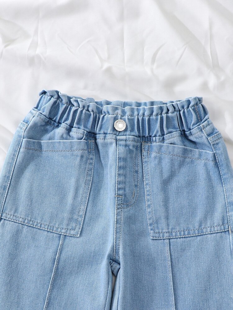 SHEIN Girls' High Street Utility Style Light Wash Denim Long Pants, Young Girl' Elastic High Waist Large Pocket Wide Leg Casual Straight Leg Pants - Light Wash - View 3
