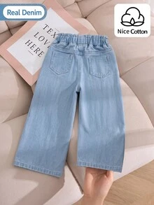 SHEIN 女童高街工裝風淺色水洗牛仔長褲，少女彈性高腰大口袋寬腿休閒直筒褲 - 淺色水洗藍 - 查看 2