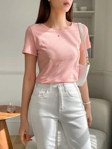 DAZY Solid Round Neck Tee Preppy Tops - Pink - View 4