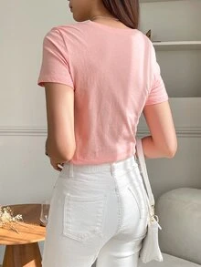 DAZY Solid Round Neck Tee Preppy Tops - Pink - View 2