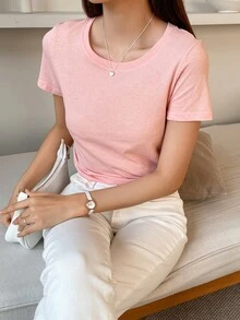 DAZY Solid Round Neck Tee Preppy Tops - Pink - View 10