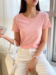 DAZY Solid Round Neck Tee Preppy Tops - Pink - View 8