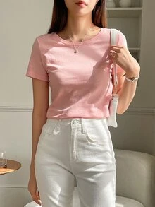 DAZY Solid Round Neck Tee Preppy Tops - Pink - View 6