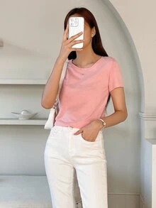 DAZY Solid Round Neck Tee Preppy Tops - Pink - View 7