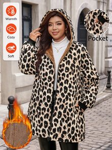 SHEIN Clasi 大尺碼女款豹紋長袖拉鍊連帽休閒冬季夾克 - 黑色 - 查看 4