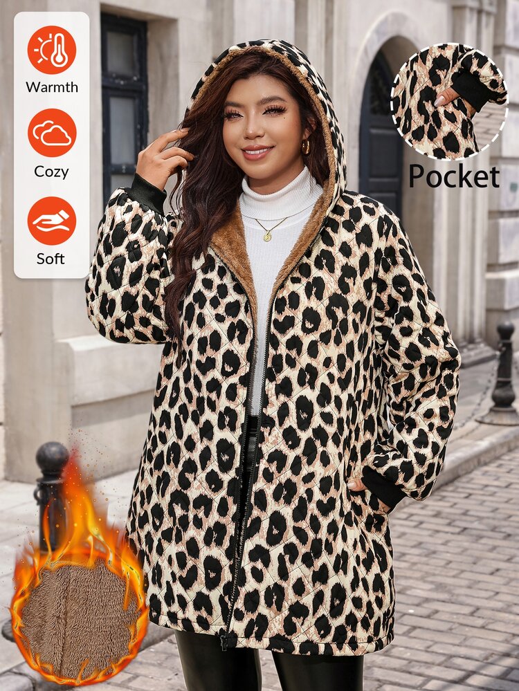 SHEIN Clasi Plus Size Women's Leopard Print Long Sleeve Zip-Up Hooded Casual Winter Jacket - Black - View 4