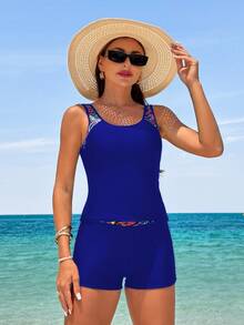 Swim Lushoire 2 Piece Women Sleeveless Round Neck Crop Top And Bottom Casual Swimwear Set Summer - Royal Blue - View 3