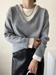 FRIFUL 女款 2 合 1 拼接休閒日常長袖針織衫 - 灰色 - 查看 7