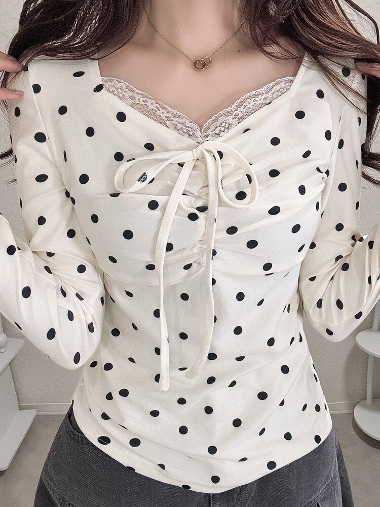 FRIFUL Women's Fashionable Elegant Polka Dot Print Lace Patchwork Tie Front T-Shirt Long Sleeve Cute Tops - White - View 3