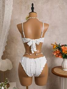 SHEIN Swim White Ruffle Tankini Swimwear For Women, Gentle Girly Spaghetti Strap Bikini, Beach Holiday Thermal Spring Swimwear - White - View 4