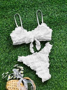 SHEIN Swim White Ruffle Tankini Swimwear For Women, Gentle Girly Spaghetti Strap Bikini, Beach Holiday Thermal Spring Swimwear - White - View 8