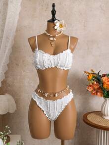 SHEIN Swim White Ruffle Tankini Swimwear For Women, Gentle Girly Spaghetti Strap Bikini, Beach Holiday Thermal Spring Swimwear - White - View 2