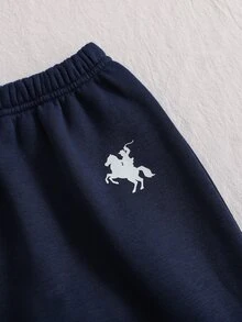 SHEIN Playful Pals 男嬰秋冬返校休閒加厚拼色條紋英倫學院風精緻小馬騎士Logo印花時尚POLO領2合1長袖衛衣搭配深藍高彈力收口長褲休閒運動套裝 - 杏色 - 查看 7