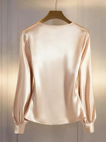 Calvaya Women's Elegant Satin Fabric Crossover V-Neck Long Sleeve Shirt - Apricot - View 3
