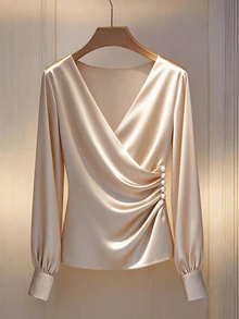 Calvaya Women's Elegant Satin Fabric Crossover V-Neck Long Sleeve Shirt - Apricot - View 4