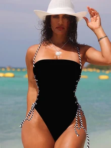 SHEIN Swim 女士性感连体泳衣，露背、侧面系带设计，夏季 - 黑色 - 查看 1