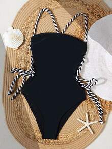 SHEIN Swim 女士性感连体泳衣，露背、侧面系带设计，夏季 - 黑色 - 查看 3