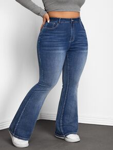 SHEIN CURVE+ 大码休闲水洗修身喇叭牛仔裤 - 藍色 - 查看 3