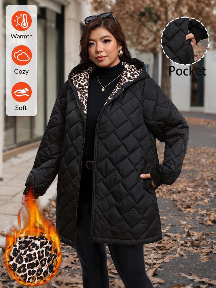 SHEIN Clasi Plus size bekväm vadderad jacka med huva, dragkedja och fickor, svart, casual streetwear, baggy, för hemma, kontor och utgång, höst/vinter - Svart - Visa 7