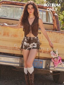 SHEIN MOD 棕色復古 70 年代牛仔鄉村性感女牛仔魅力宮廷短褲：交叉綁帶設計搭配鉚釘裝飾，適合西部風穿搭、假期、秋季 - 彩色 - 查看 9