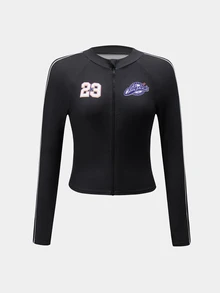SHEIN Sports 女款字母與數字印花休閒日常運動夾克 - 黑與白 - 查看 7