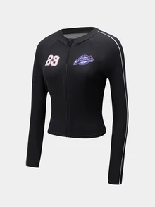 SHEIN Sports 女款字母與數字印花休閒日常運動夾克 - 黑與白 - 查看 9