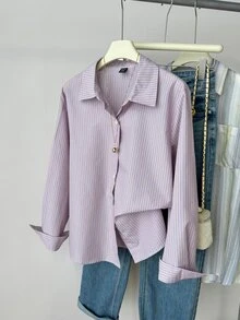 DAZY 女款紫色直條紋棉質寬鬆長袖翻領襯衫，舒適休閒百搭可愛上衣 - 紫色 - 查看 5
