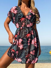 Swim Lushoire Women's V-Neck Short Sleeve Printed Casual Loose Cover Up, Suitable For Resort For Summer Beach Vacation - Multicolor - View 4