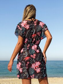 Swim Lushoire Women's V-Neck Short Sleeve Printed Casual Loose Cover Up, Suitable For Resort For Summer Beach Vacation - Multicolor - View 3