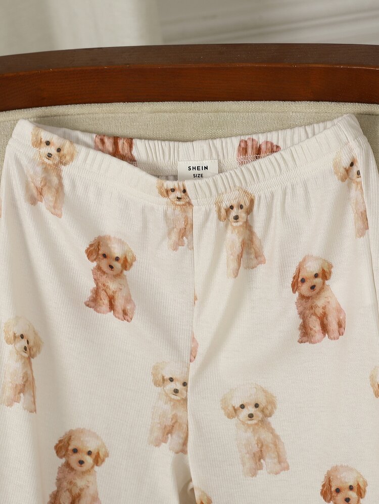 Tween Girl/Girls Cute Puppy Print Fitted Pajama Set, Long Sleeve Crew Neck Top And Puppy All-Over Print Pants 2-Piece Pajama Set, Suitable For Outdoor Wear - Apricot - View 4