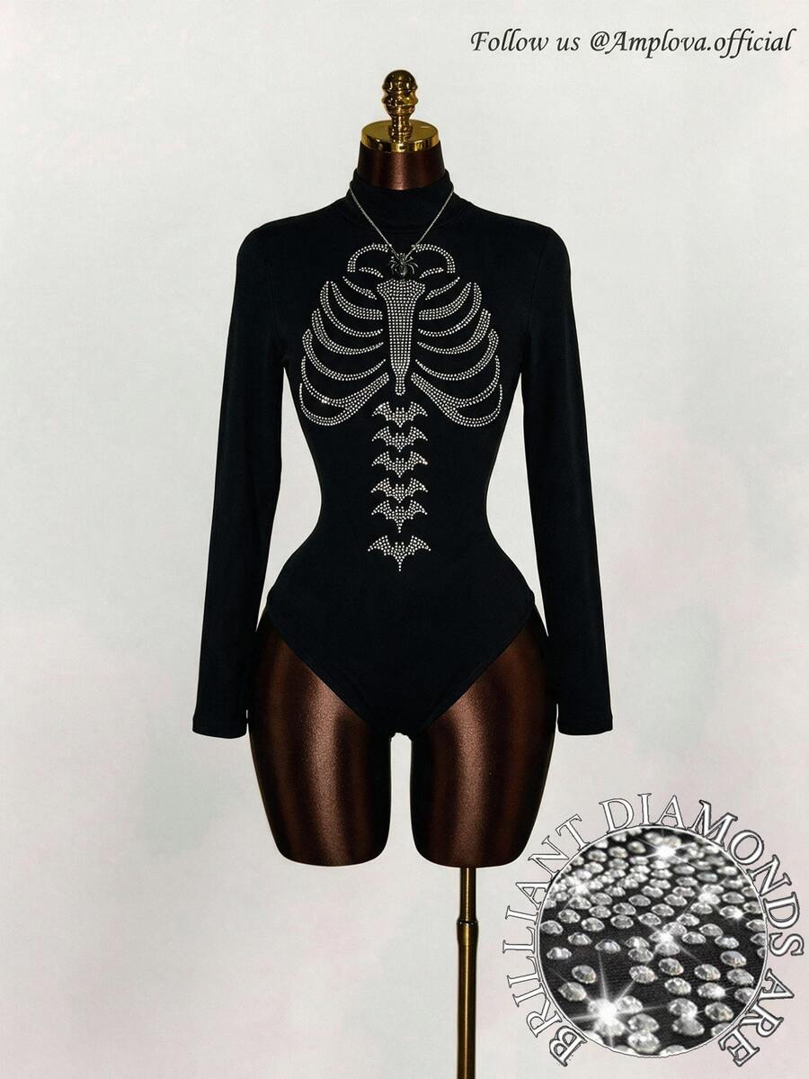 Amplova Bodysuit för kvinnor i 95 % ren bomull med strass och skelettmönster, lång ärm - Multifärgad - Visa 1