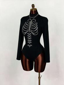 Amplova Bodysuit för kvinnor i 95 % ren bomull med strass och skelettmönster, lång ärm - Multifärgad - Visa 4