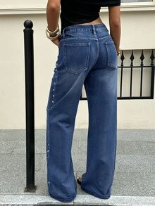SHEIN Tall 女款寬鬆寬腿牛仔褲 - 深色水洗藍 - 查看 2