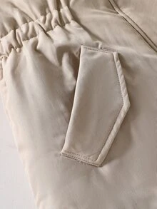 SHEIN 少女輕卡其色厚毛領拼接加厚連帽收腰修身中長版棉襖外套，適合旅行與休閒 - 卡其色 - 查看 5