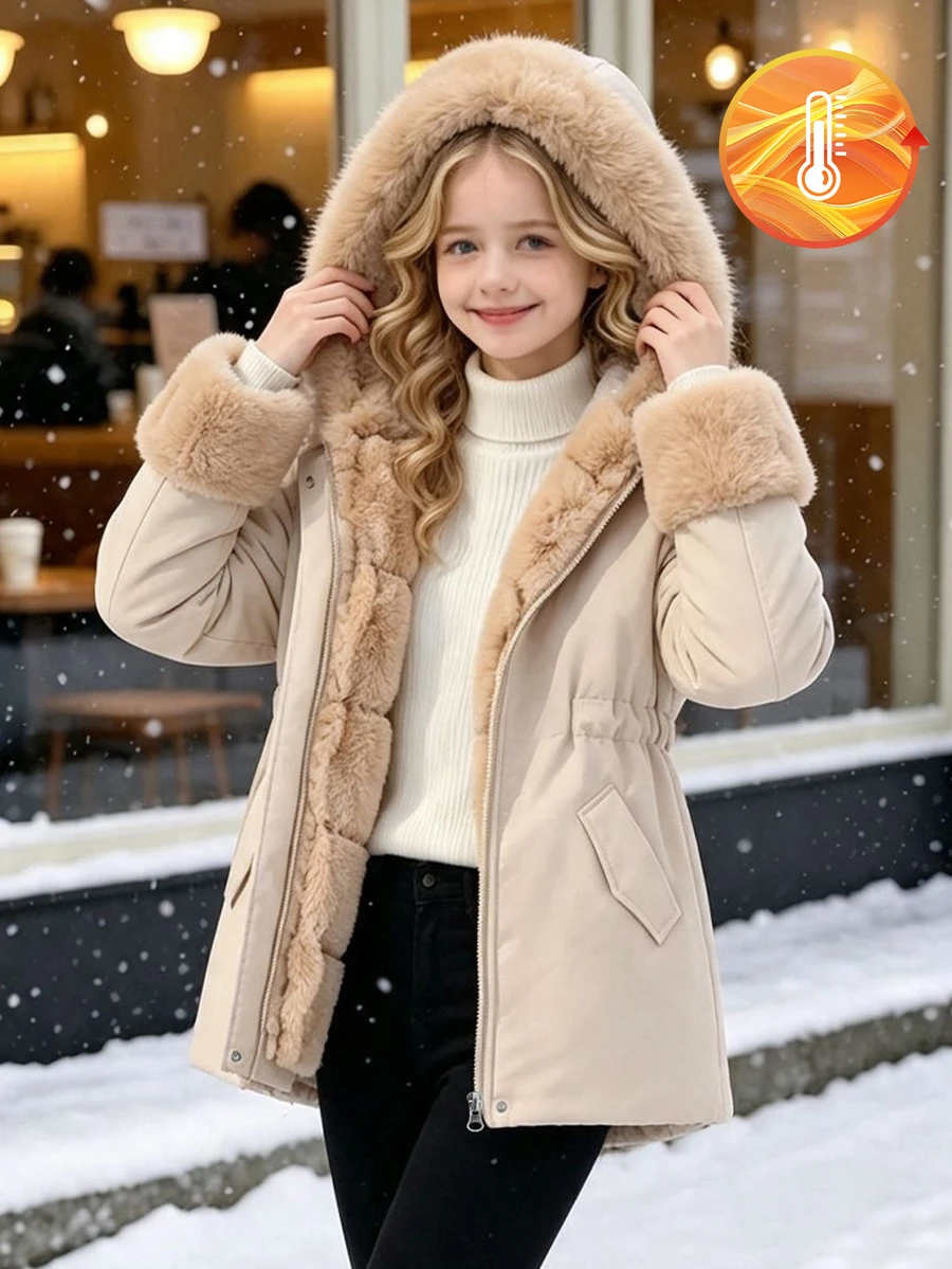SHEIN 少女輕卡其色厚毛領拼接加厚連帽收腰修身中長版棉襖外套,適合旅行與休閒 - 卡其色 - 查看 1