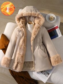SHEIN 少女輕卡其色厚毛領拼接加厚連帽收腰修身中長版棉襖外套，適合旅行與休閒 - 卡其色 - 查看 10