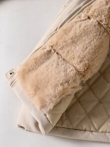 SHEIN 少女輕卡其色厚毛領拼接加厚連帽收腰修身中長版棉襖外套，適合旅行與休閒 - 卡其色 - 查看 4