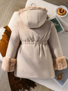 SHEIN 少女輕卡其色厚毛領拼接加厚連帽收腰修身中長版棉襖外套，適合旅行與休閒 - 卡其色 - 查看 2