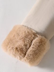 SHEIN 少女輕卡其色厚毛領拼接加厚連帽收腰修身中長版棉襖外套，適合旅行與休閒 - 卡其色 - 查看 8