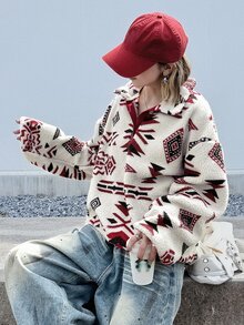 FRIFUL 女款時尚街頭風半開襟鈕扣長袖連帽衛衣 秋季 - 彩色 - 查看 7